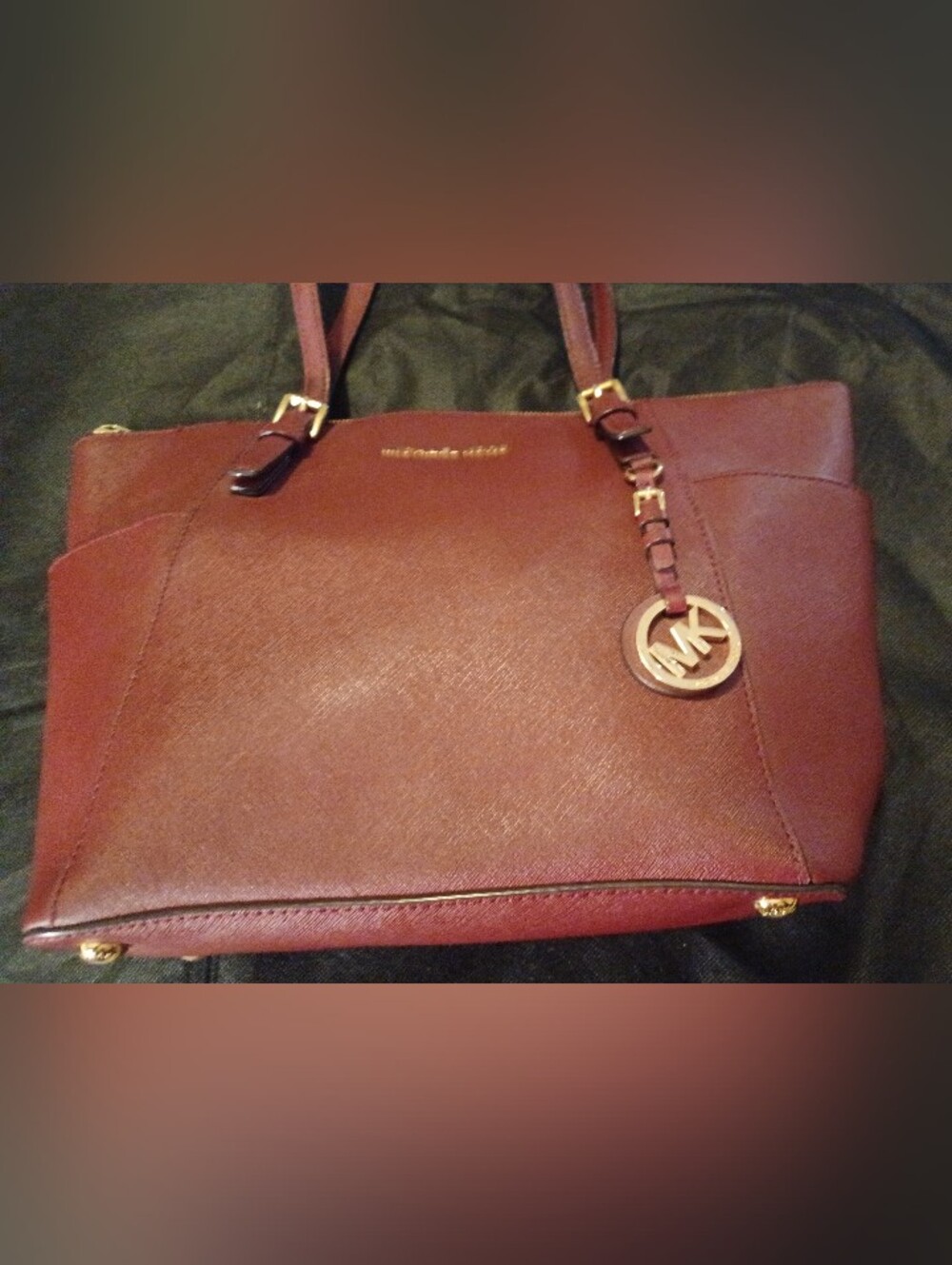 Michael Kors Burgundy Charlotte Large Tote Bag Zip Top Gold Hardware Charm